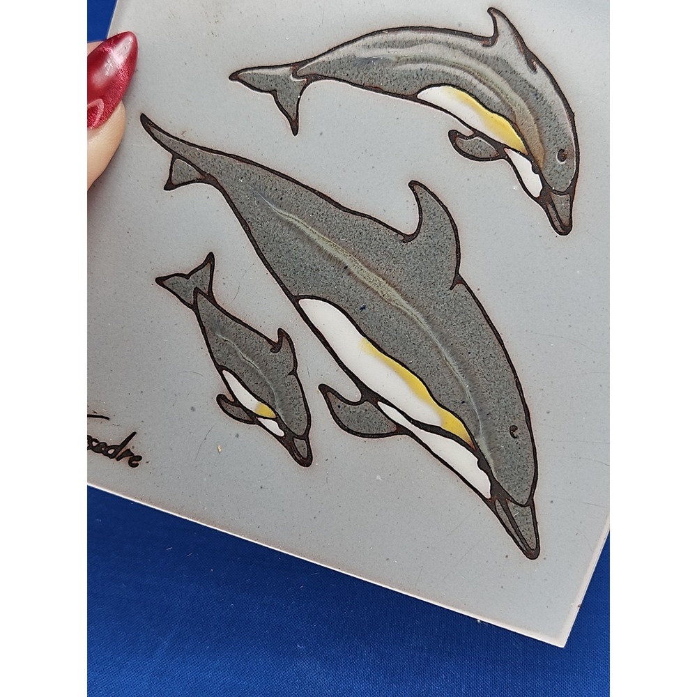 Cleo Teissedre Art Tile Trivet Coaster ORCA WHALE DOLPHINS 1983 Wall Plaque 6x6 - Picture 8 of 11